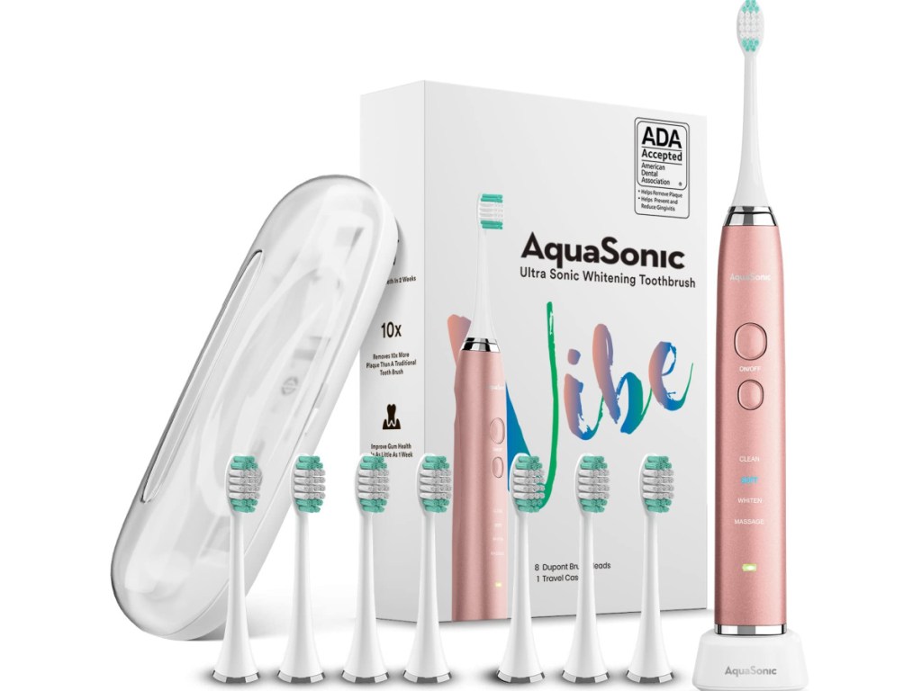 AquaSonic Vibe Series Ultra Whitening Toothbrush with 8 Brush Heads & Travel Case