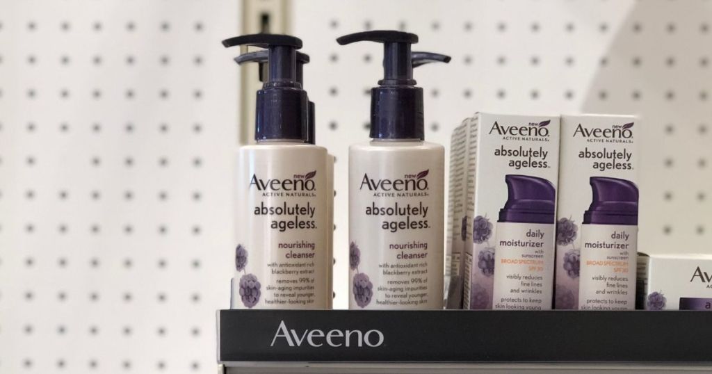 Aveeno absolutely ageless bottle on store shelf