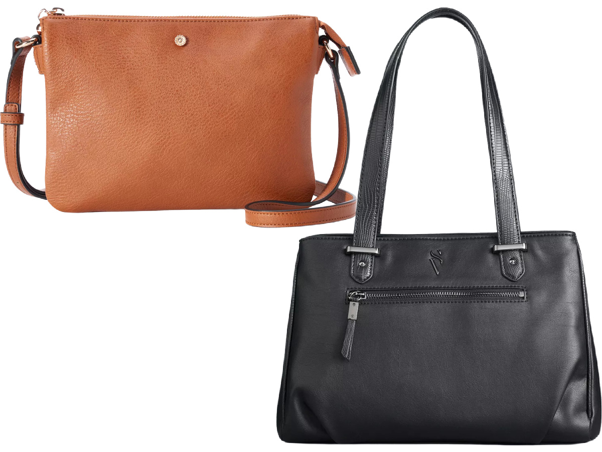 two stock images of handbags, one brown and one black