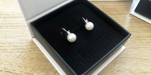 Cate & Chloe 18K White Gold Plated Pearl & Swarovski Crystal Earrings Only $19.60 Shipped