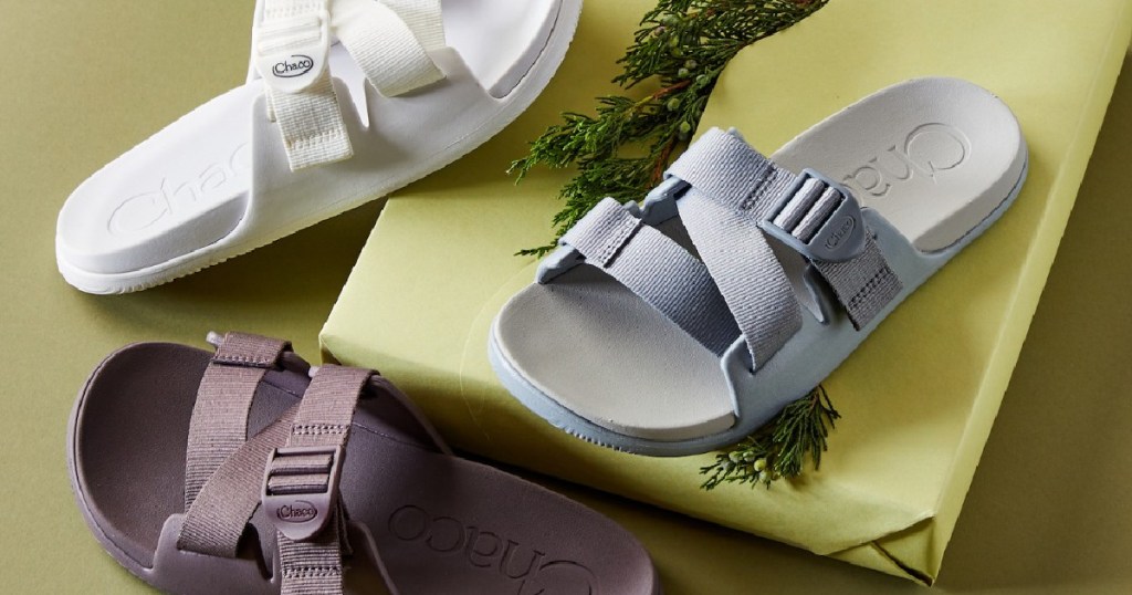 white, gray and purple Chaco sandals