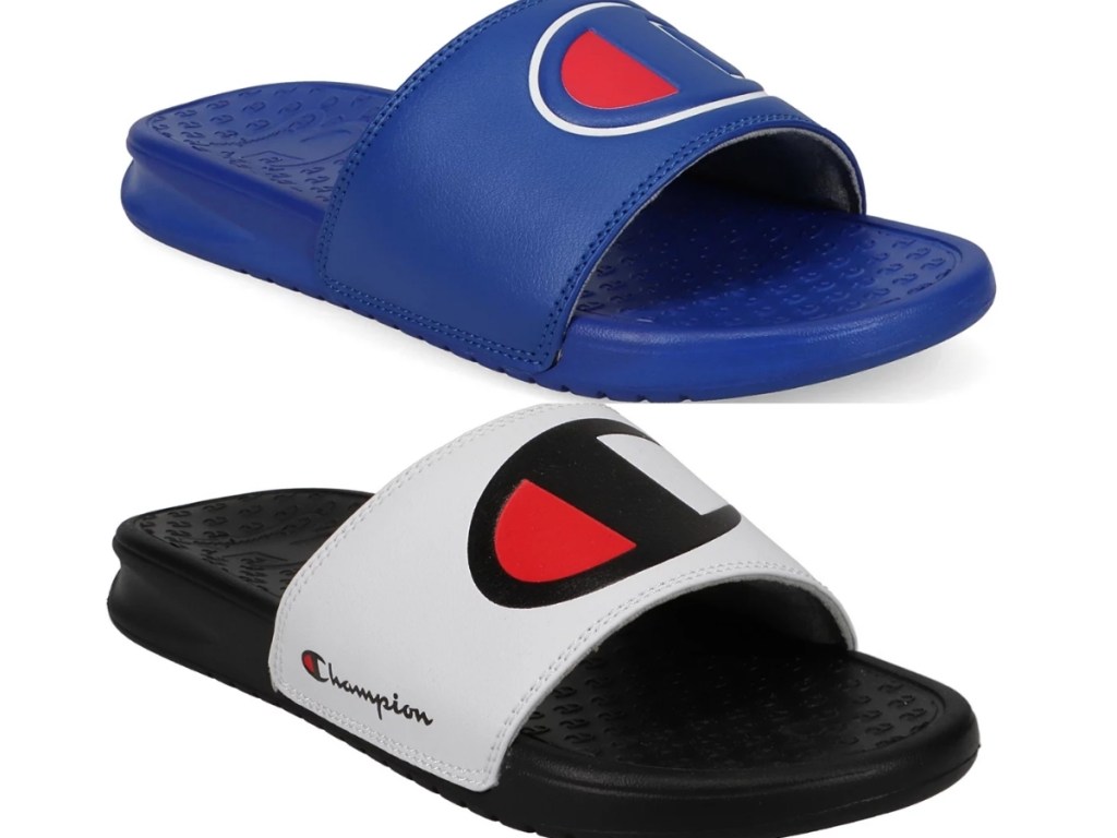 solid blue and white and black champion slide sandals