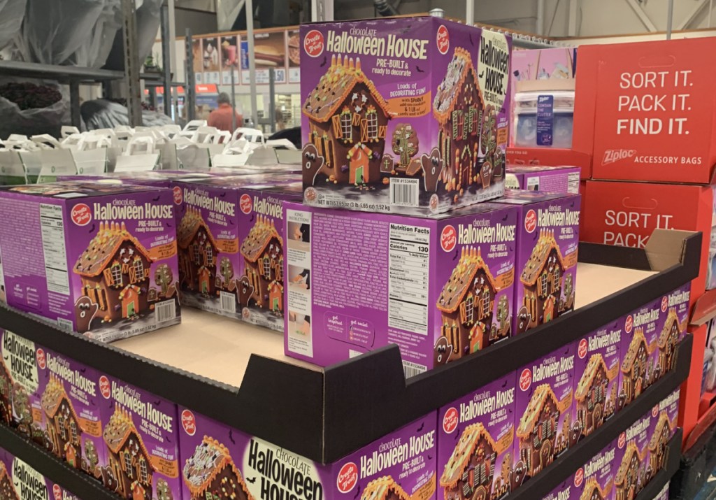 large buildable halloween gingerbread house on display in warehouse store