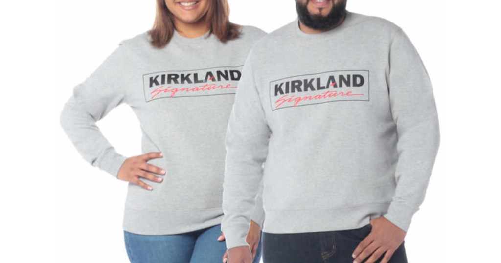 man and woman wearing gray Costco Kirkland Sweatshirts
