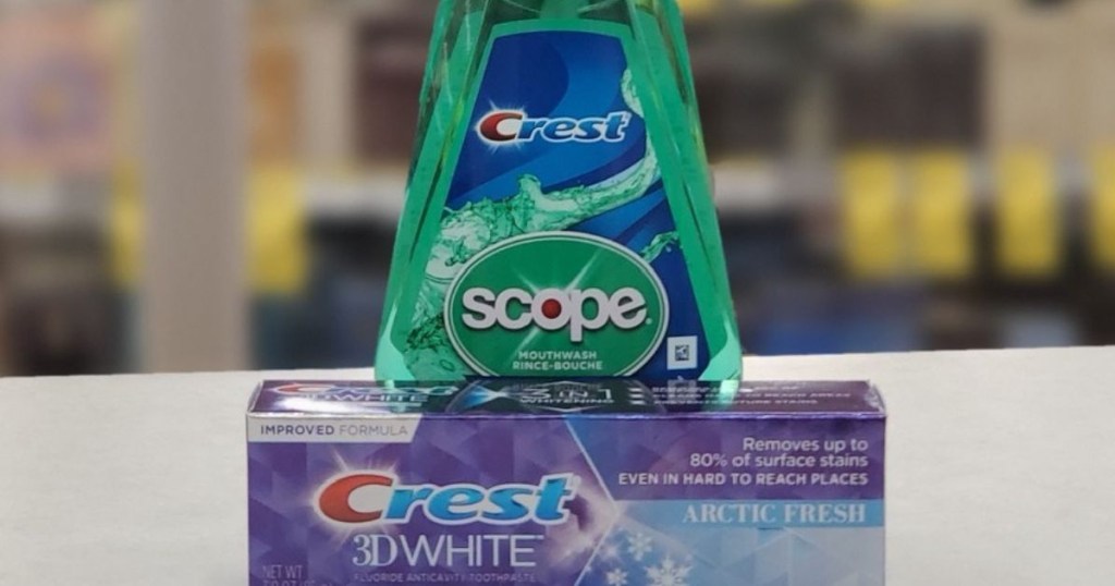 toothpaste and mouthwash on counter