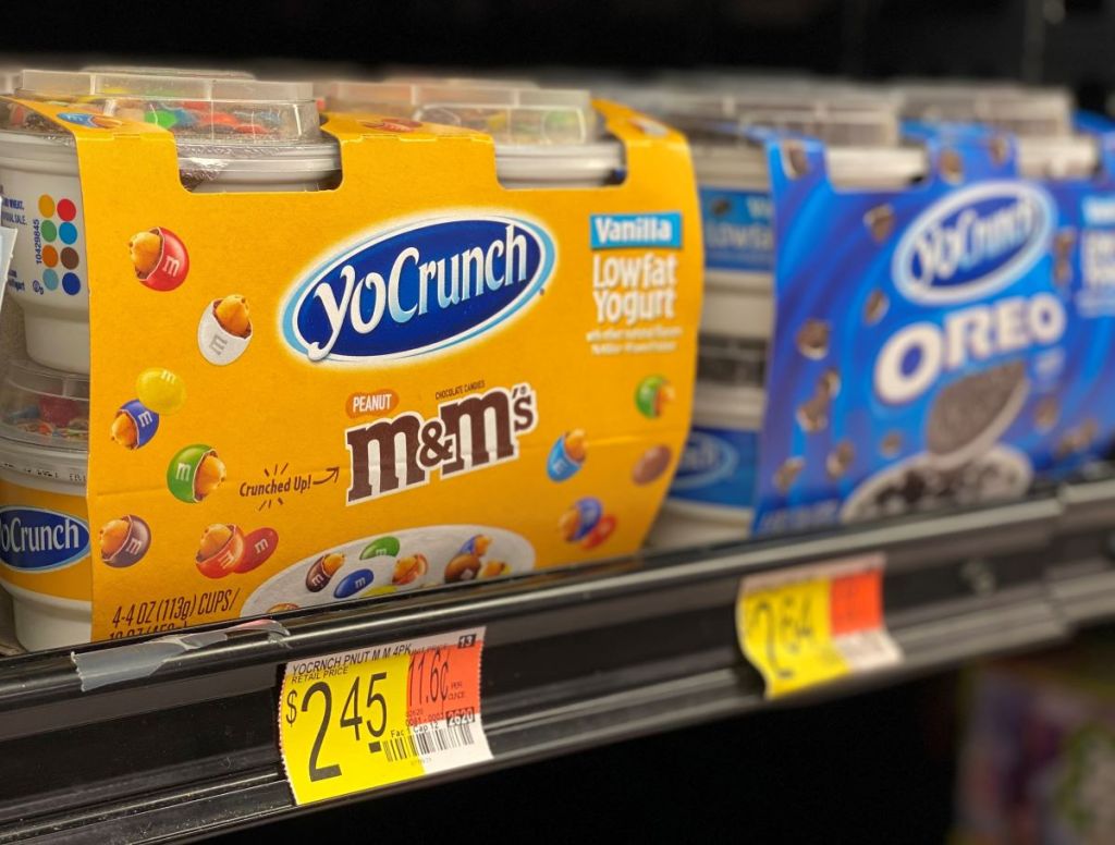 Dannon YoCrunch Yogurt on a shelf at Walmart