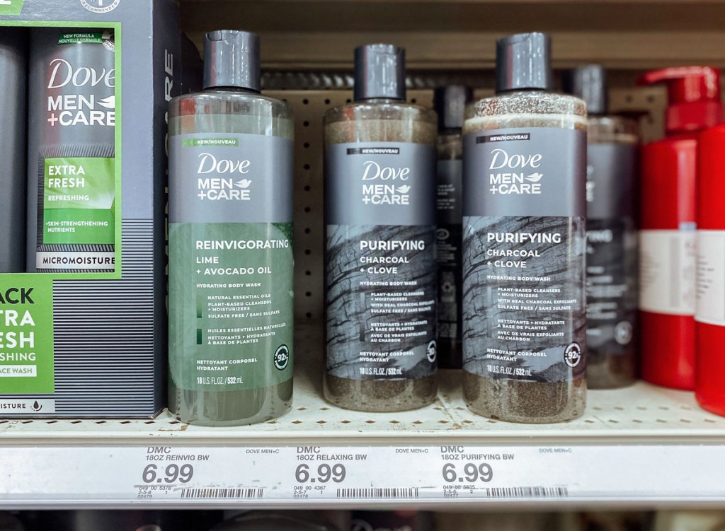 dove men naturals body wash on store shelf