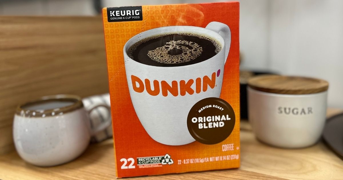 box of Dunkin k-cups on a table