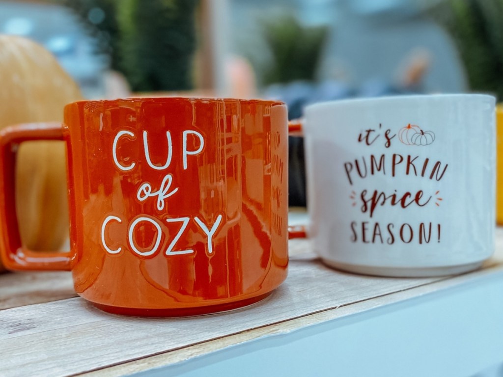 cup of cozy and pumpkin spice fall mugs from target