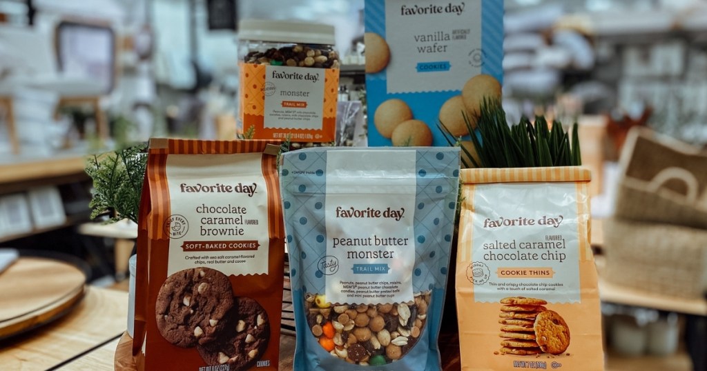 various favorite day snacks on table in store