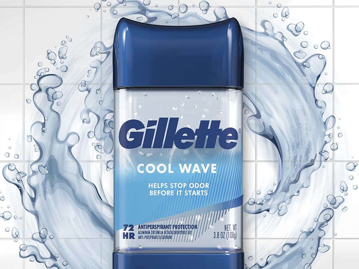 stock image of a Gillette Men's Deodorant against a tile backsplash with a swirl of water