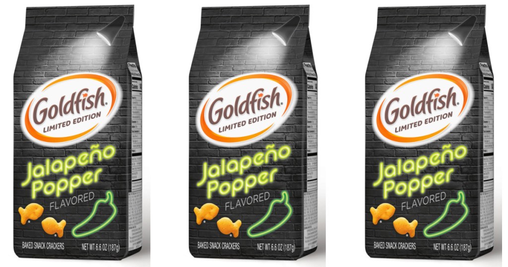 three bags of jalapeno goldfish