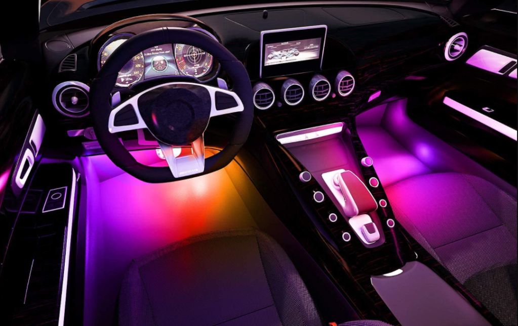 car interior with rainbow lighting