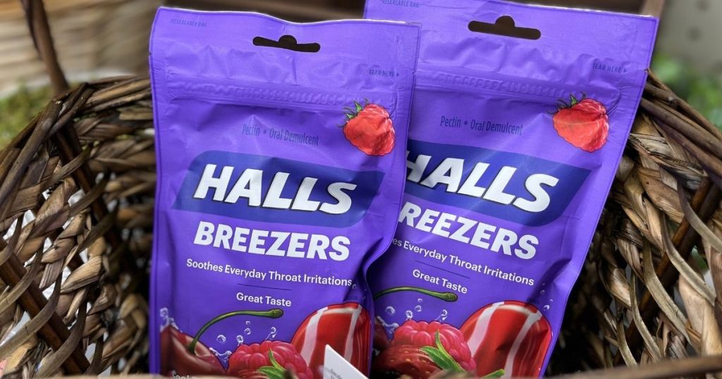 two packs of Halls breezers in a basket