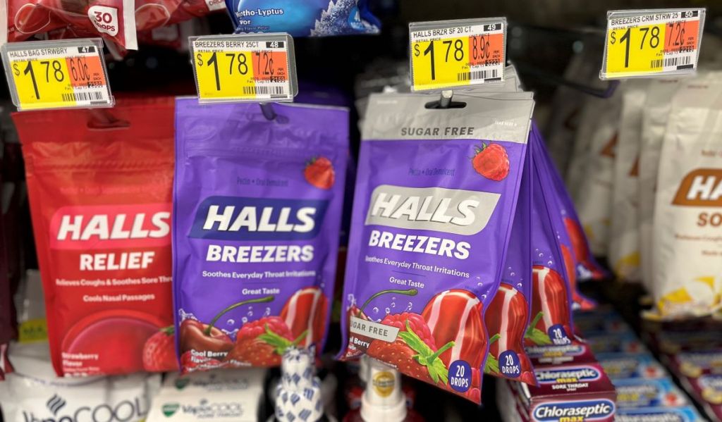 row of Halls cough drops on display at Walmart