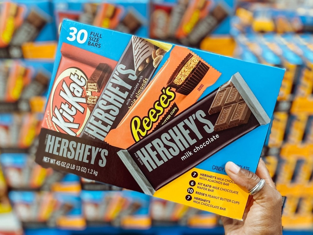 hand holding 30-count hershey's full sized candy bar variety pack in store