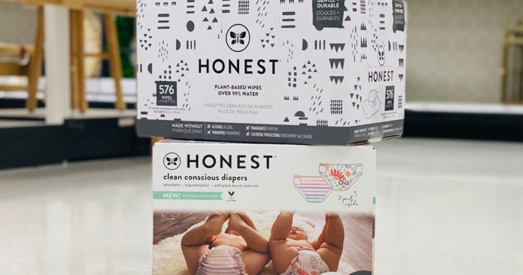 two boxes of Honest Diapers and Wipes