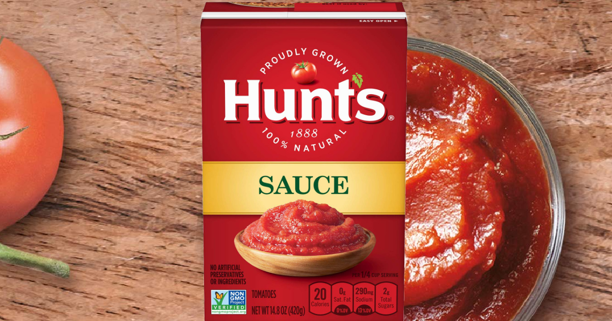 large carton of Hunts brand tomato sauce