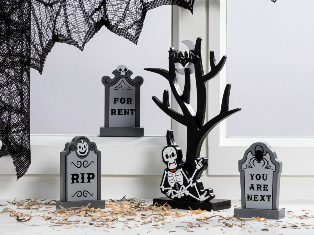 Hyde & EEK! 4pc Mini Mantel Wood Tree with Gravestones Halloween Decorative Prop