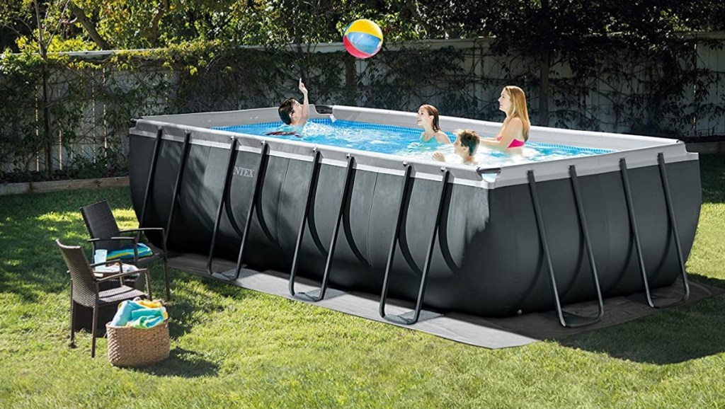 Kids playing in an above-ground pool