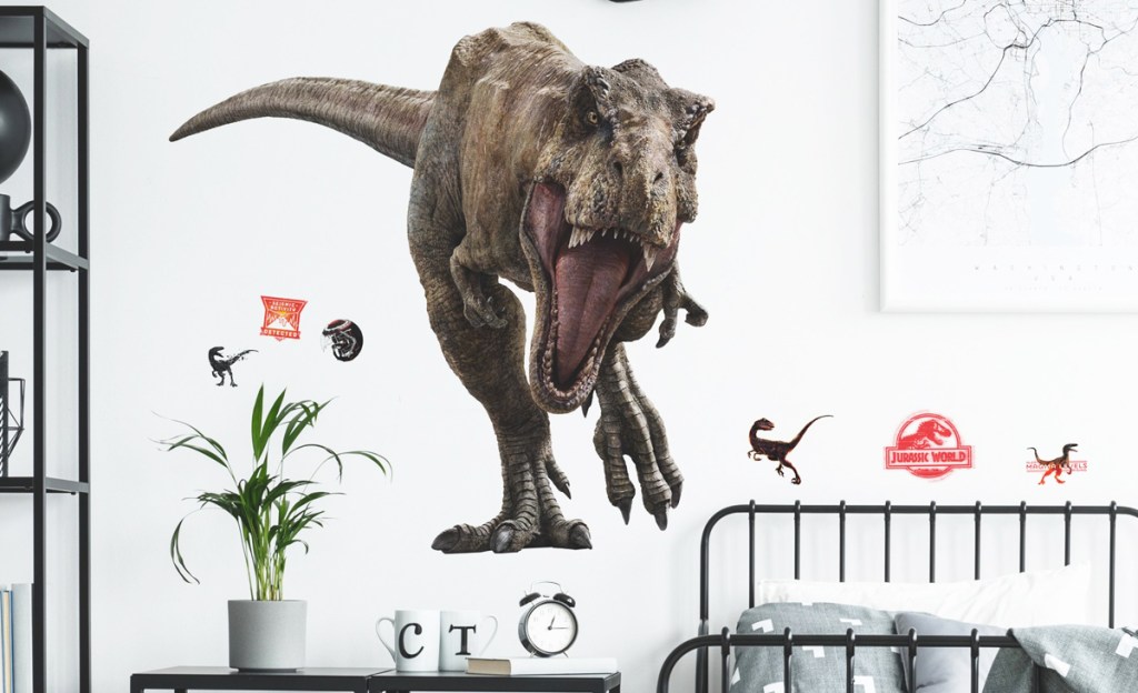large t-rex decal on bedroom wall