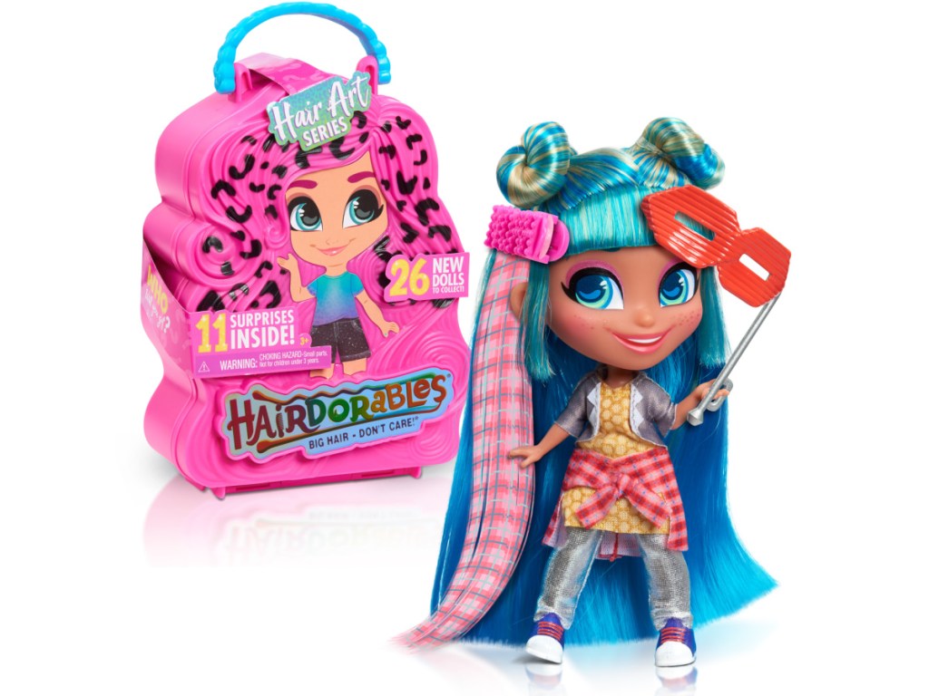 kids doll with blue hair and accessories