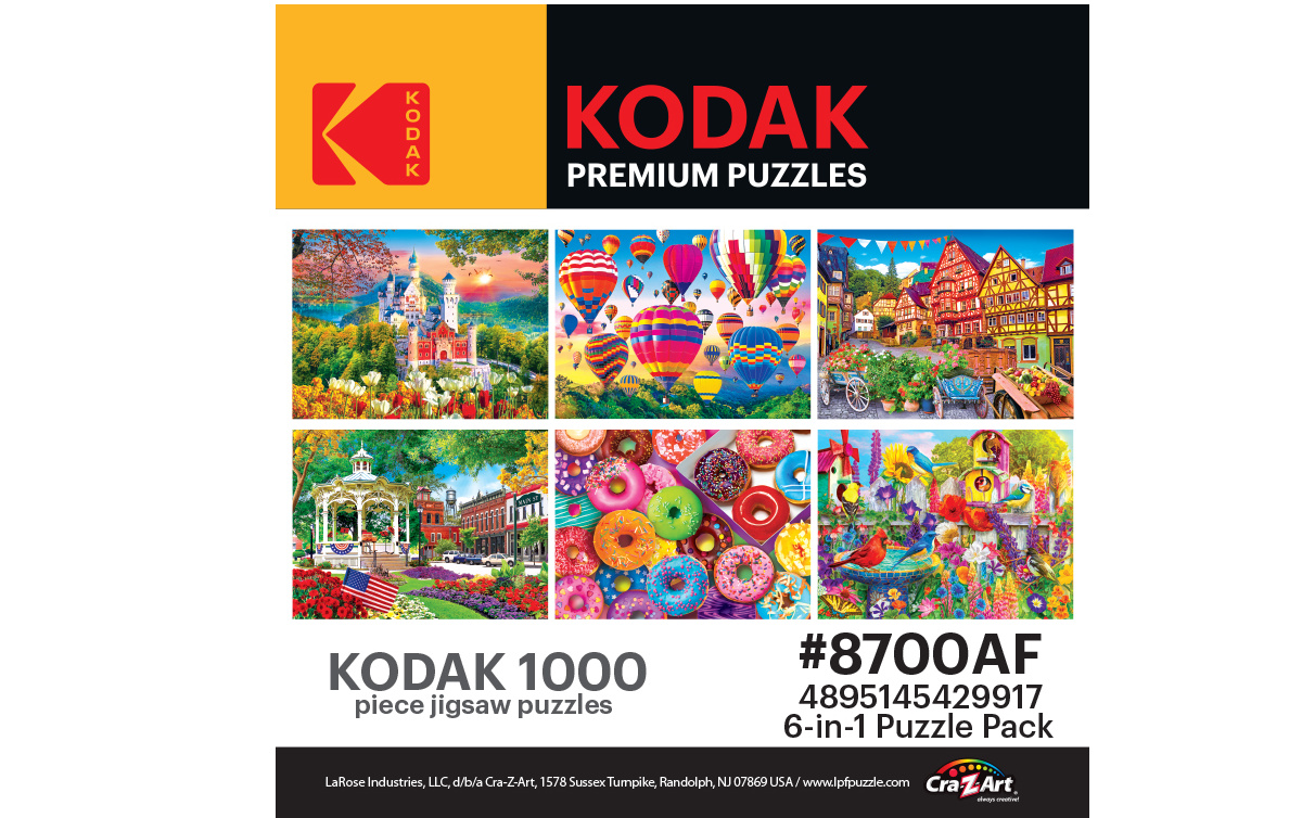 Kodak 6-in-1 1000-Piece Jigsaw Puzzles Pack with donuts, hot air balloons, and more