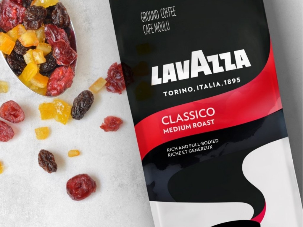 bag of lavazza classico ground coffee with dried fruit