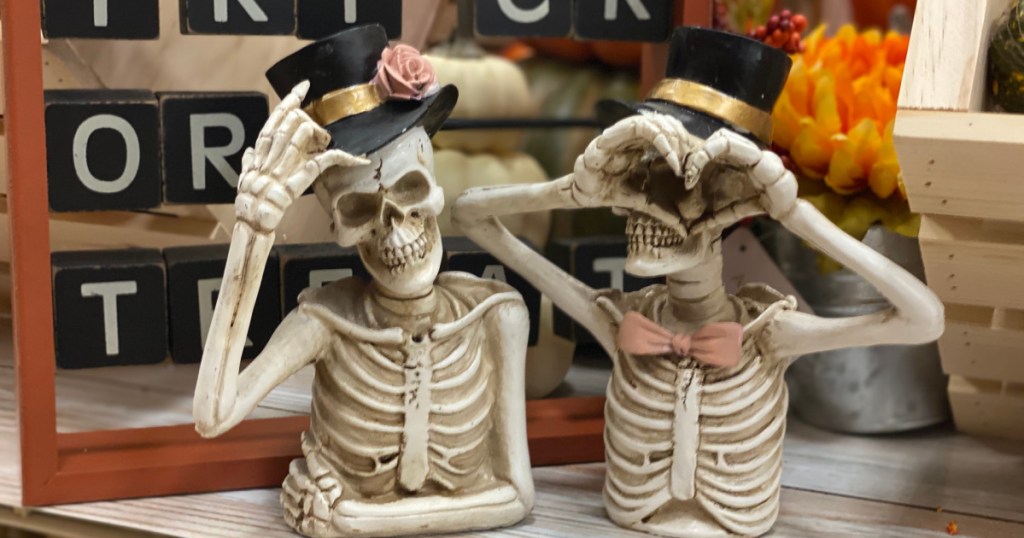 two posing skeletons on store shelf