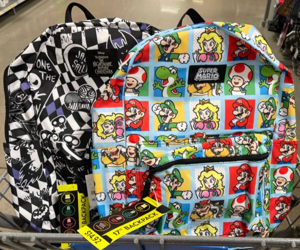Nightmare before christmas and super mario kids backpacks in a shopping cart