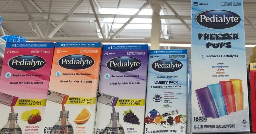 Pedialyte powder packs on store shelf
