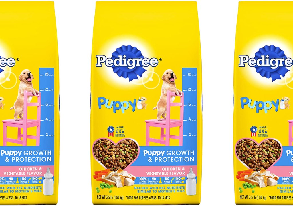 yellow bags of pedigree puppy food