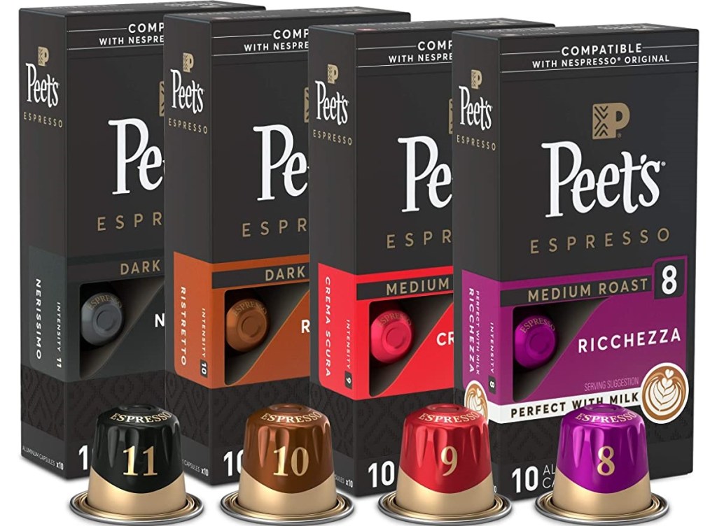 four boxes of Peet's Espresso capsules