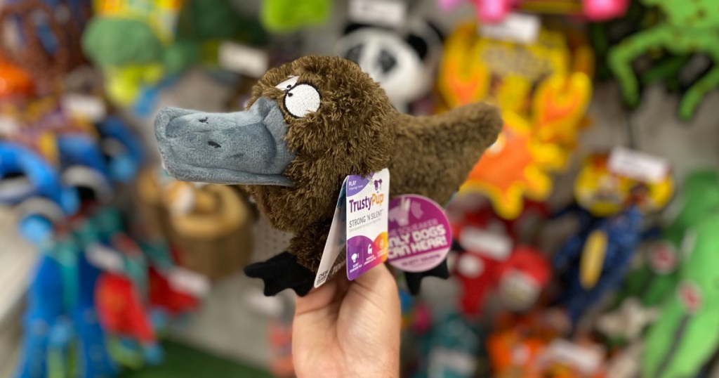 hand holding brown platypus toy 