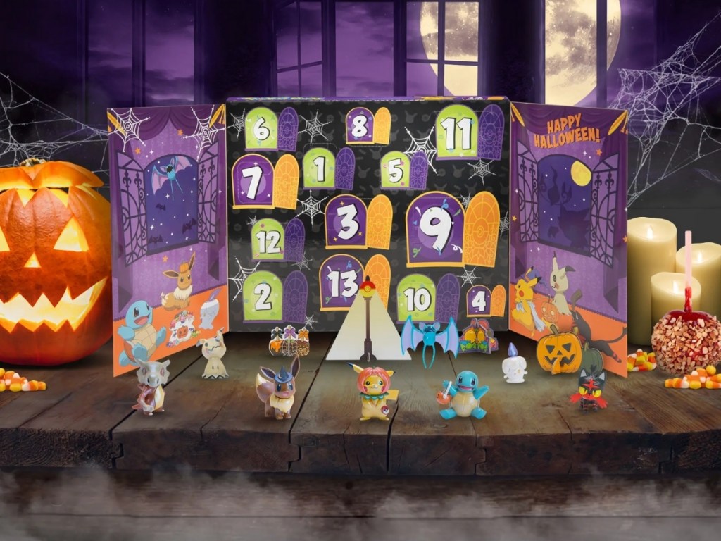 pokemon halloween calendar with figures next to box