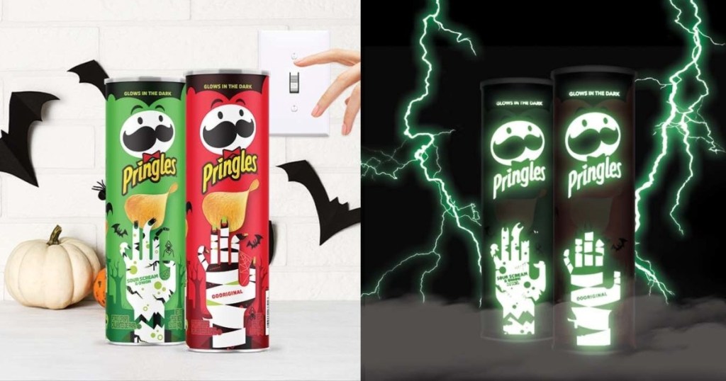 glowing Pringles cans - light and dark views
