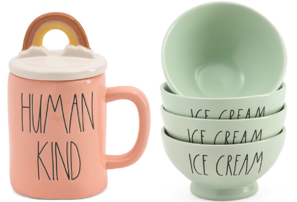 Rae Dunn mug and ice cream bowls