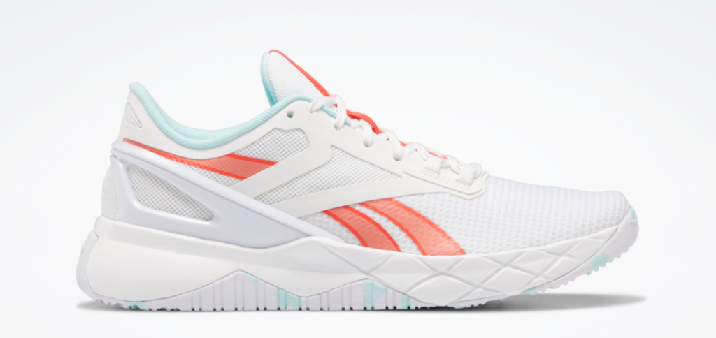 white and coral women's running shoes