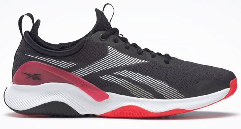 black, white, and red reebok training shoes