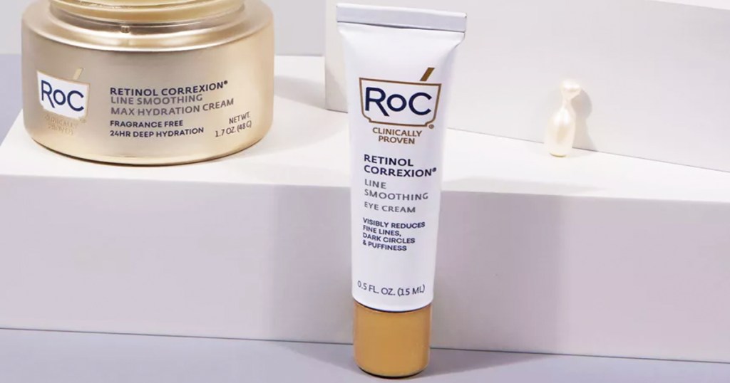 RoC Retinol Correxion Under Eye Cream next to a jar of line smoothing cream