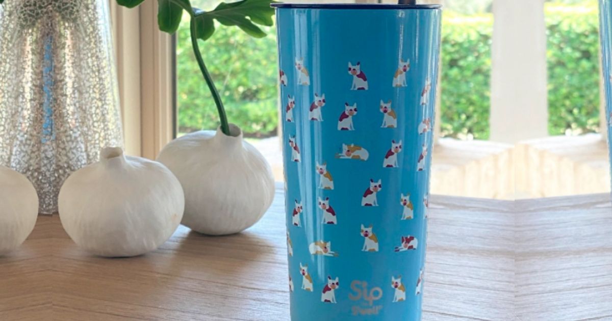 blue tumbler with French Bulldogs on it