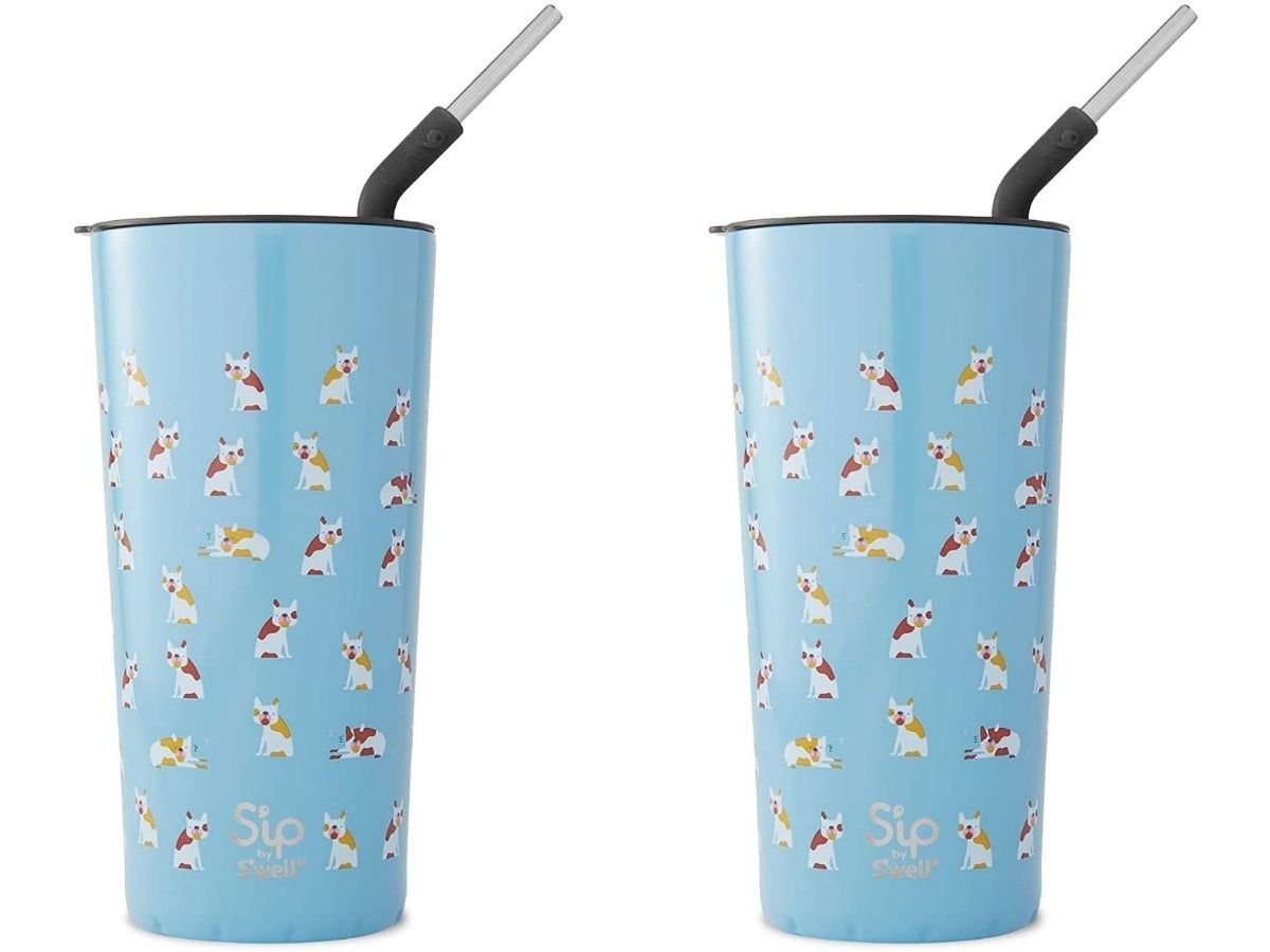 blue tumbler with straw and French Bulldogs