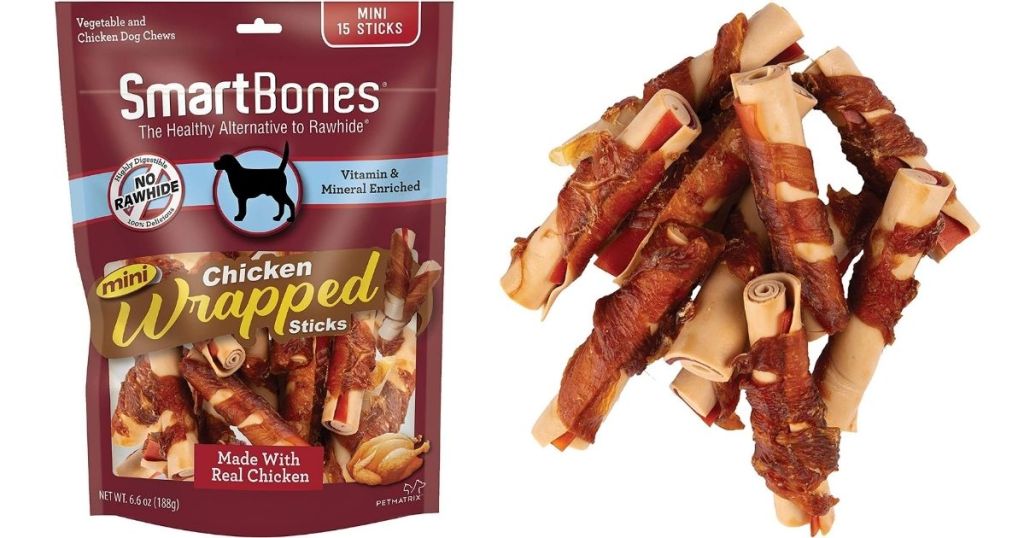 bag of Smart Bones Chicken Wrapped Sticks next to actual sticks