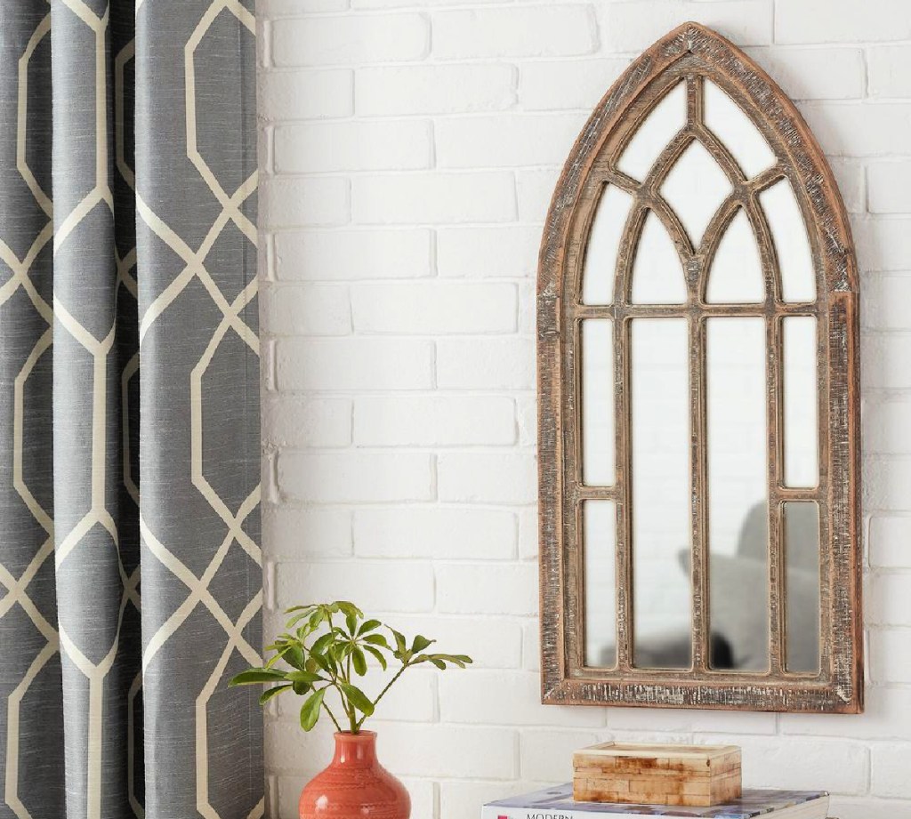 StyleWell Medium Arched Natural Wood Windowpane Antiqued Farmhouse Accent Mirror
