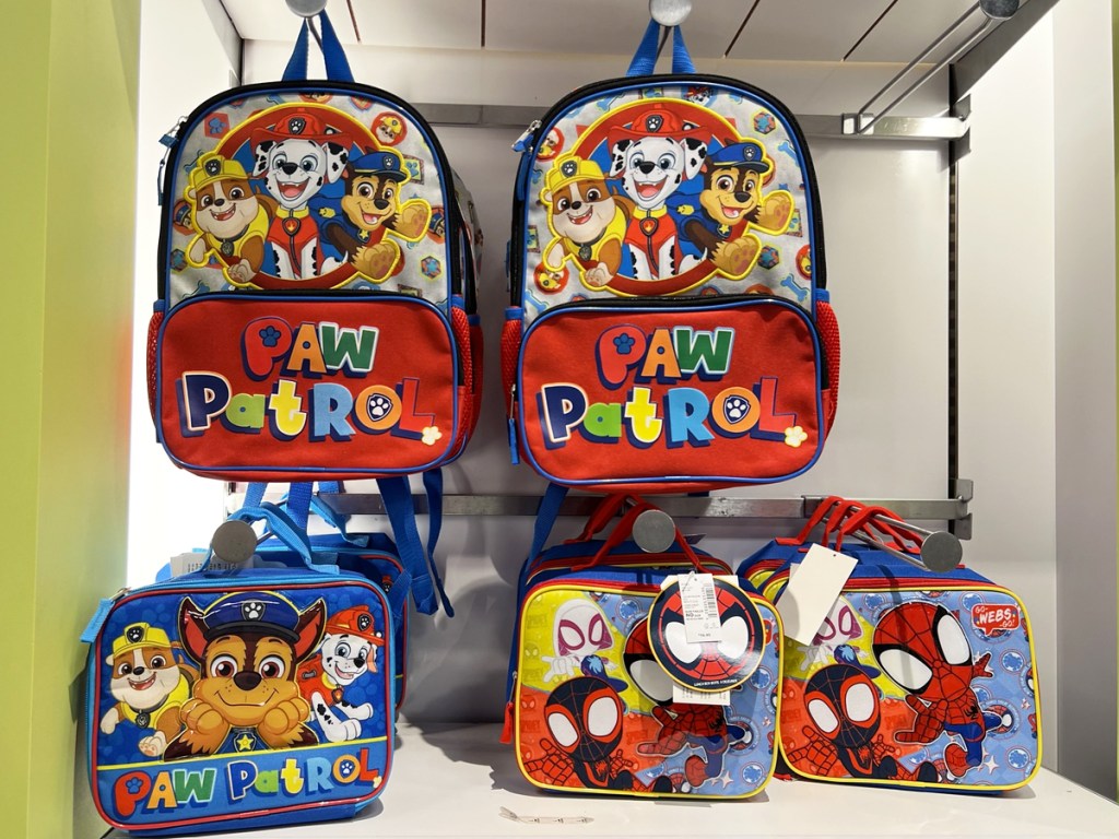 paw patrol backpacks and lunch bags on display