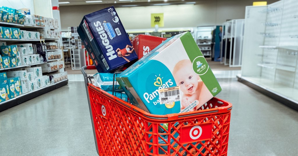 boxers of diapers in store cart
