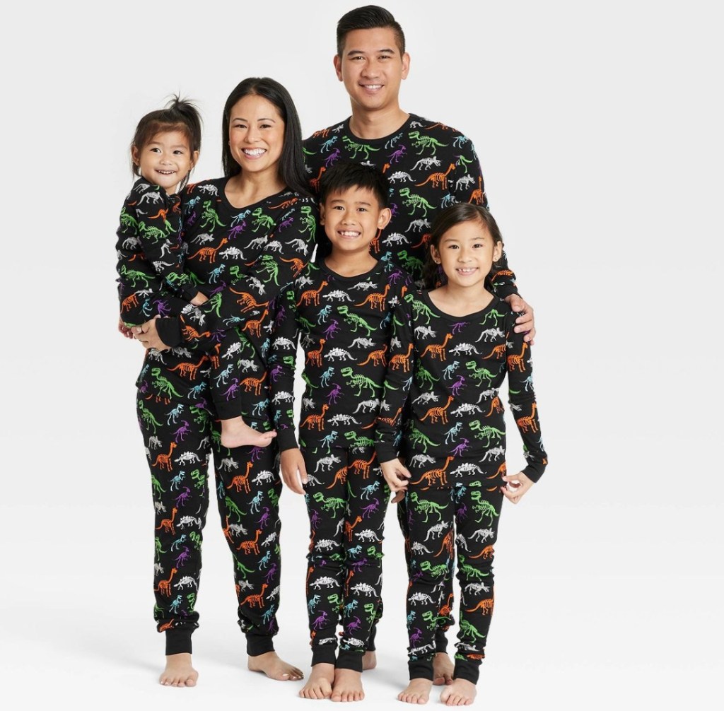 family wearing Target Dino Skeleton Pajamas