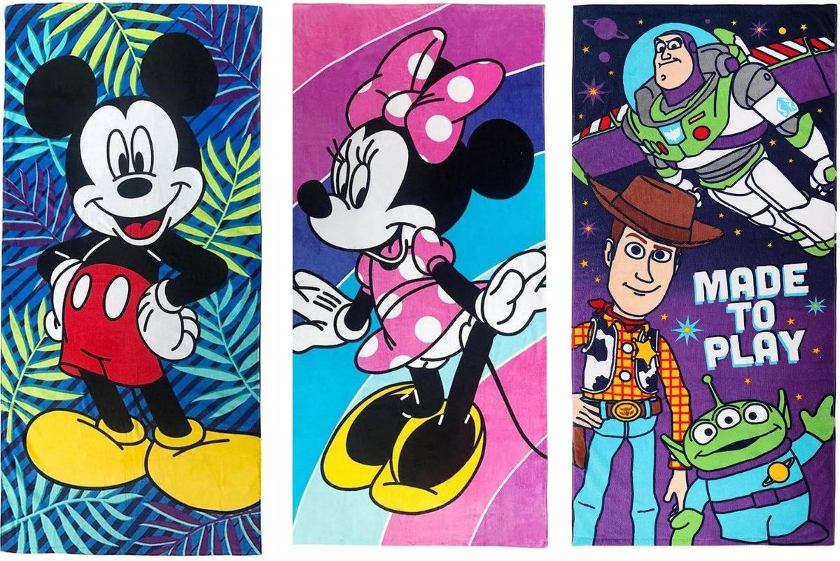 mickey and minnie mouse and toy story the big one beach towels