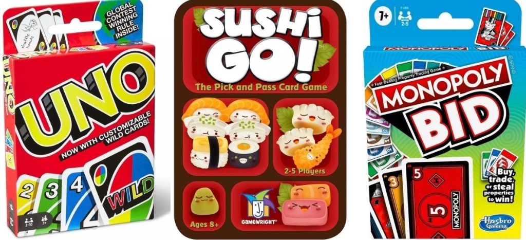 UNO, Sushi Go and Monopoly Bid