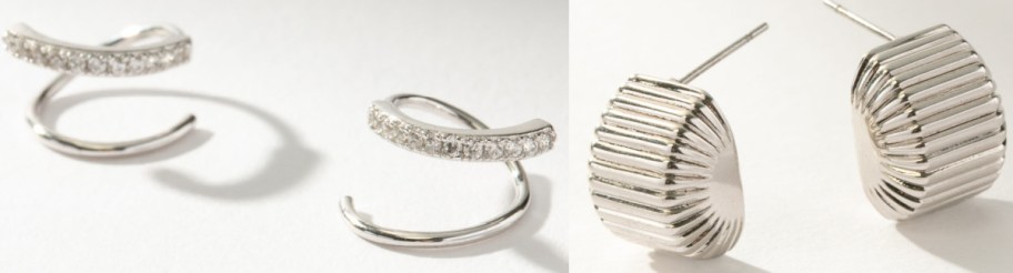Two pairs of silver-tone earrings: open double-hoop earrings with pav&eacute; crystals on the front bar on the left, and thick, textured sunburst dome stud earrings on the right.